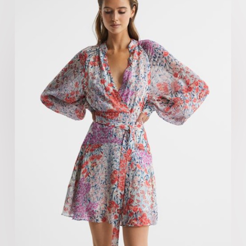Reiss Kiera Floral Printer Mini Wrap Dress, Size 8